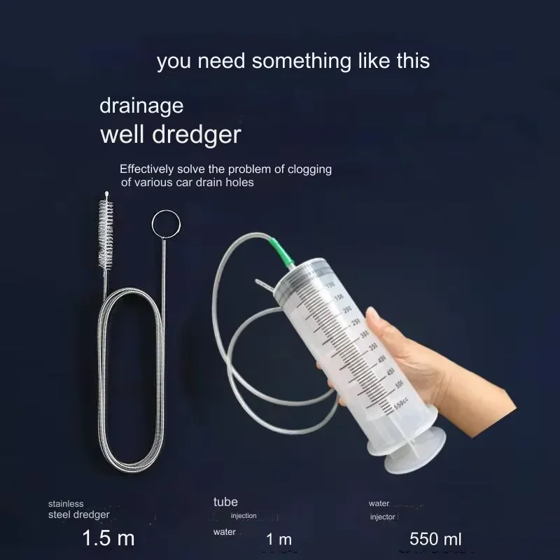 1 pair auto sunroof drain remover Flexible pipe cleaning kit Car 1.5m brush / 550ml water ejector Clean car drain hole tools set