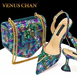 Venus Chan 2024 Italian Design Luxury Women's Shoes And Clutch Green Full Diamond Decoration Metal Closure Bag for Party