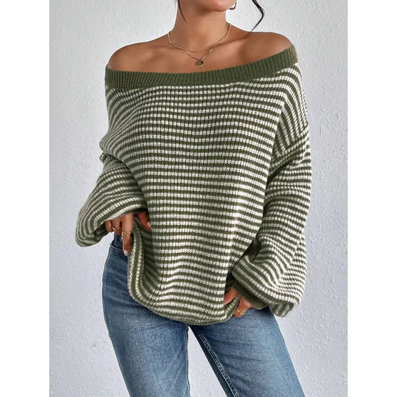 New arrivals for autumn and winter: Women's tops. One-shoulder striped off-the-shoulder knitwear. Drop shoulder sleeves. Lazy an