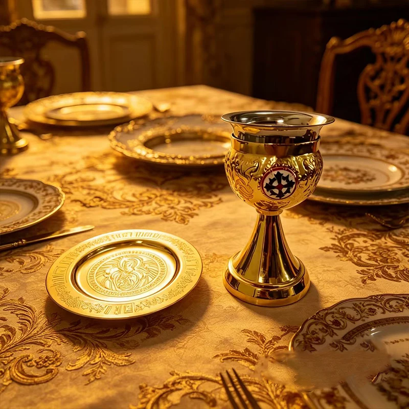 

New 2026 Byzantine 17cm Gold Plated Chalice & 15cm Paten Set with Enamel Icon for Church Eucharist Liturgy Christian Decor G