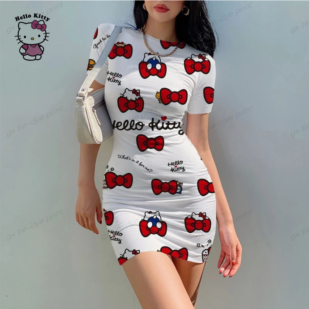 Hello Kitty 3D Print Bodycon Dress Elegant Long Sleeve Party Dresses for Ladies Sexy Tight Female Clothing Evening Plus Size 5XL