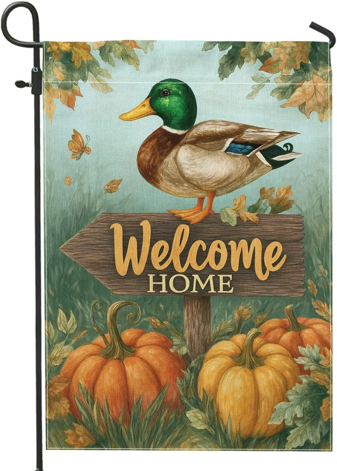 Autumn Duck Garden Flag, Green Mallard Welcome Home Outdoor Decor, Double Sided Burlap Yard Banner for Fall Lawn Decoration  PPM