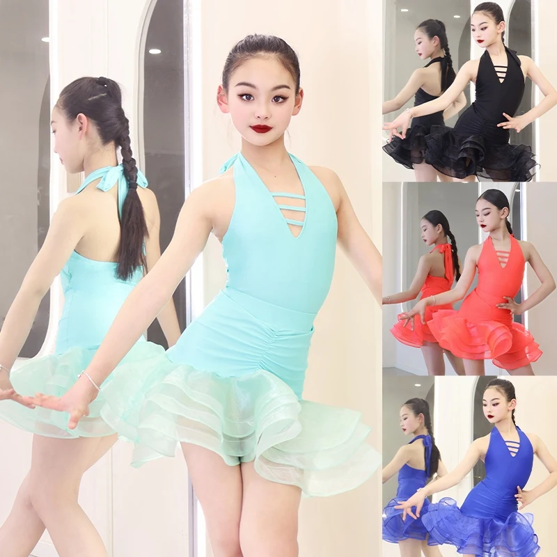 

Children Latin Dance Clothes Girls Competition Clothing Summer Halter Neck Fishbone Dress Cha Cha Performance Dress DNV23403