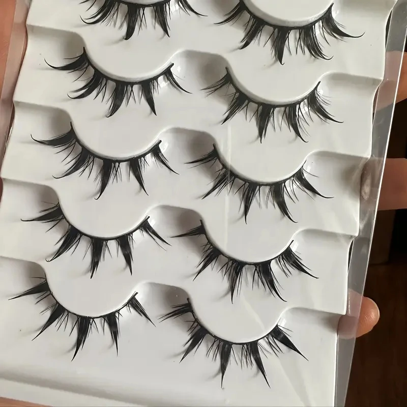 5 Pairs of Anime-Style False Eyelashes, Dramatic Demon-Style Cartoon False Eyelashes with D-Curve, Reusable