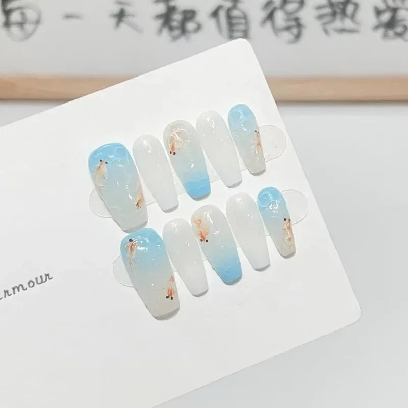 10Pcs /Set Full Cover False Nails Press on Nails Fake Nails Diy Pure Handmade Removable Goldfish Water Ripple Blue French