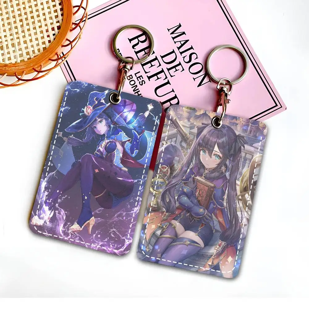 Mona Megistus Genshin Impact - Llavero de cuero PU con tarjetero, anillo para llaves, etiquetas de acceso para cerraduras de puertas, estuche para tarjetas de identificación