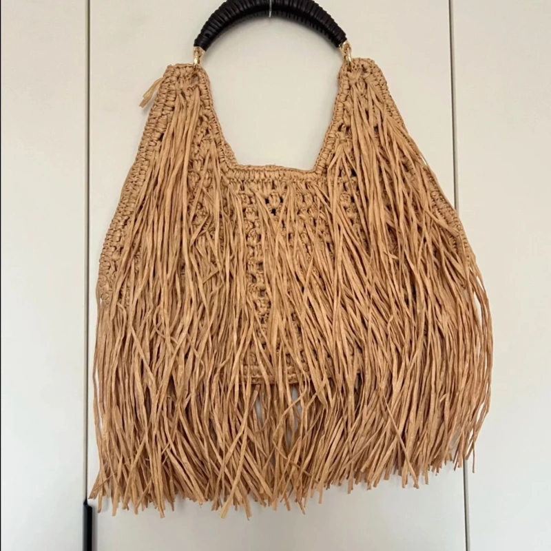 

Богемная винтажная сумка с кисточками, ручной работы, легкая, дышащая, вместительная сумка-тоут с короткой ручкой, соломенная сумка для пляжа и отпуска