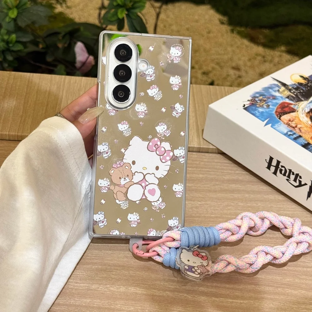 Luxury Makeup Mirror Line KT Cat Short Rope Phone Case For Samsung Galaxy Z Fold 7 6 5 4 3 Shockproof Protective Acrylic Cover view 3