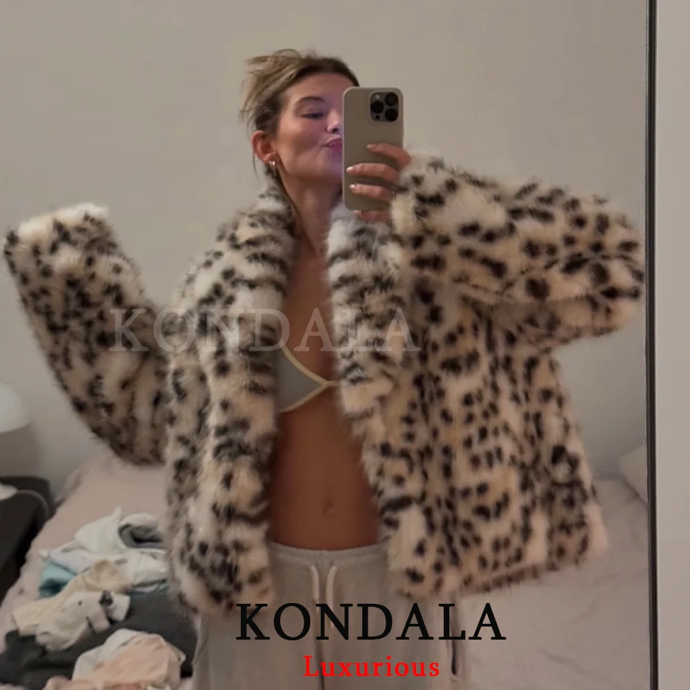 KONDALA ソフトヒョウ柄フェイクファーコート レディース 長袖 オーバーサイズコート ファッション 2025 秋冬 厚手 暖かい ストリートウェア アウター
