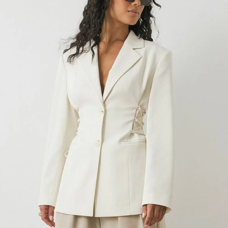 Women Fashion Solid Lapel Long Sleeve Blazer Spring Autumn Suit Collar Waist-Cinched Lace Up Slim Jacket Elegant Commute Coat