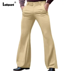 Ladiguard 2024 Male Stand Pocket Elegant Flare Pants Solid Khaki Soft Basic Trousers Plus Size Mens Fashion Buttons Up Pants New