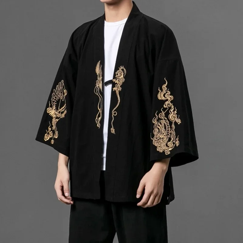 Quimonos japoneses tradicionais para homens, haori, loja chinesa online, Yukata, bordado preto, roupas asiáticas, cardigan, camisa, FF2803