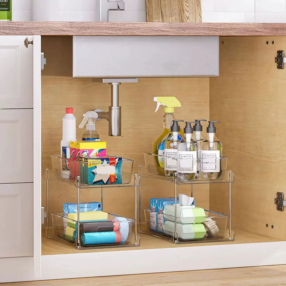 Pull-out Under Sink Organizer Multipurpose Under Sink Storage Shelf Rectangle Space Saving for Kitchen Pantry Office Desktop