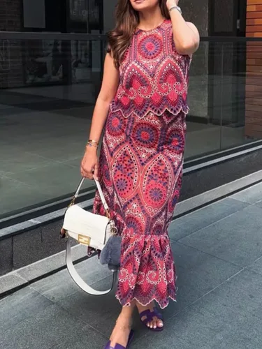 Traje calado bordado para mujer, traje informal elegante de verano con cuello redondo, Top sin mangas, falda larga, traje de moda 2025