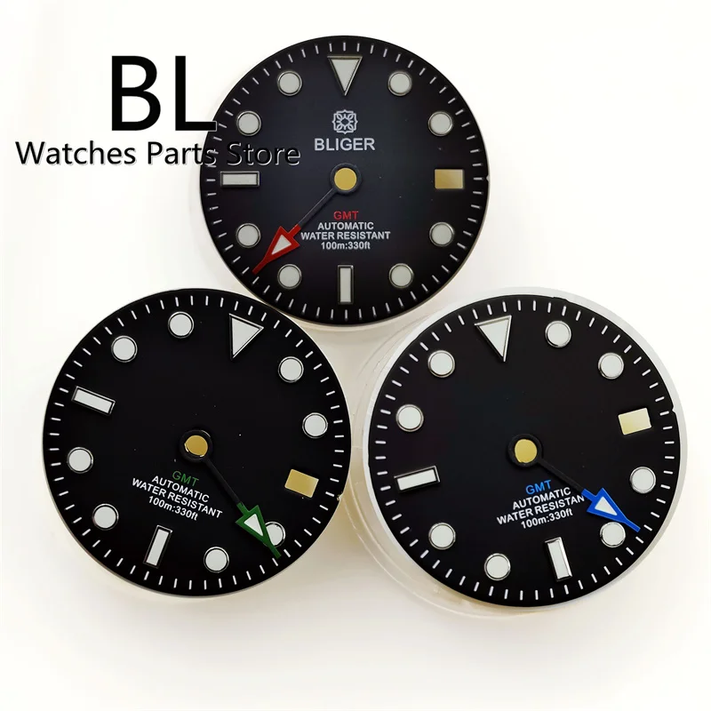 BLIGER 29mm Watch Dial Blue Green Red GMT Letters Writing Matching Color GMT Hands Fit NH34 Movement Green Luminous Index