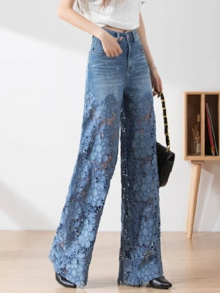 Fashion Elegant Jeans For Women High Waist Lace Patchwork Pantalones Hollow Out Denim Trousers Casual Loose All Match Pants 2024