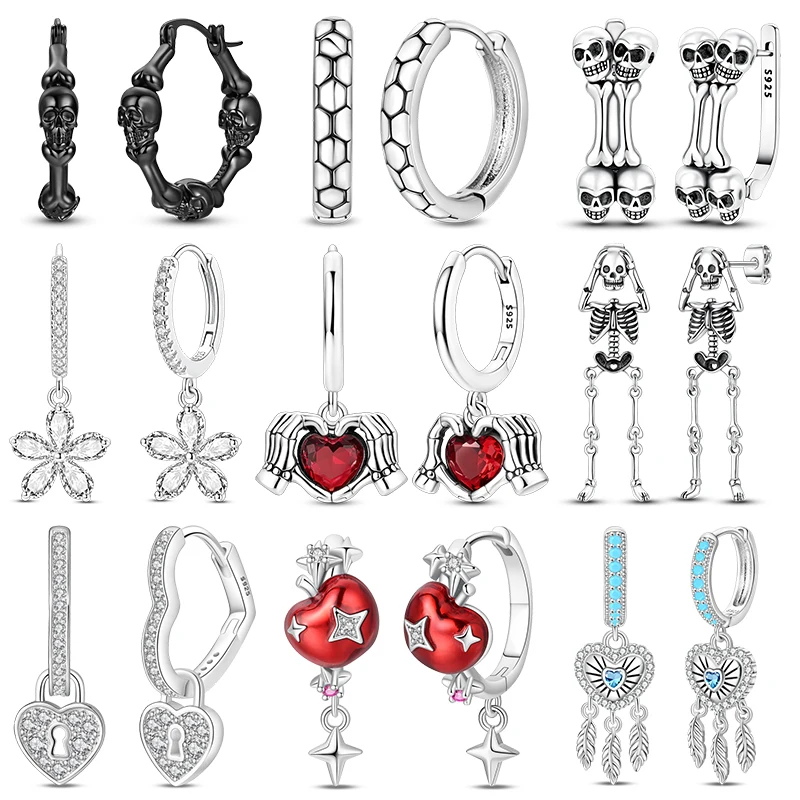 Hot Selling S925 Silver Gothic Punk Earrings Series CZ Zircon Skull Skeleton Cross Hoop Earrings Jewelry Birthday Present