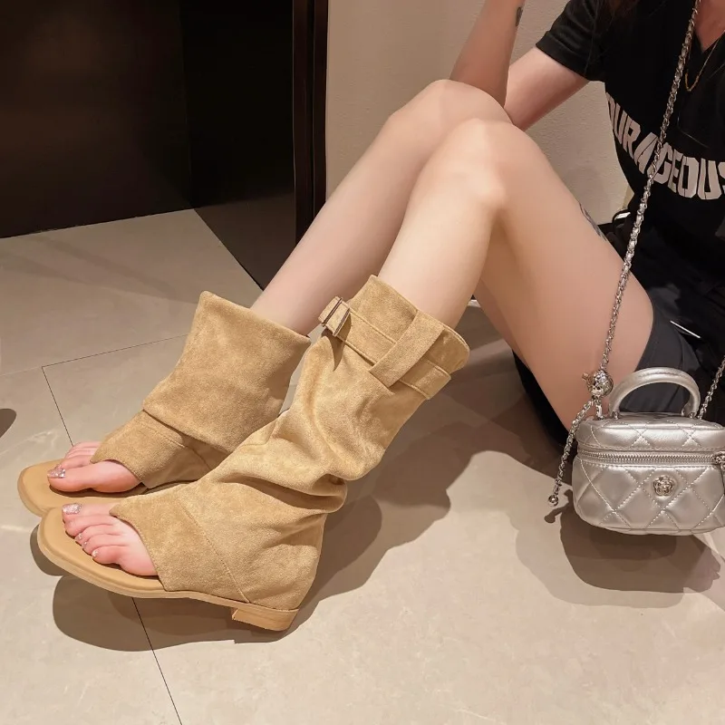 Maillard open-toe clip sandals, square heel inner height, bohemian beach, roman sandals, high-quality boots, summer women