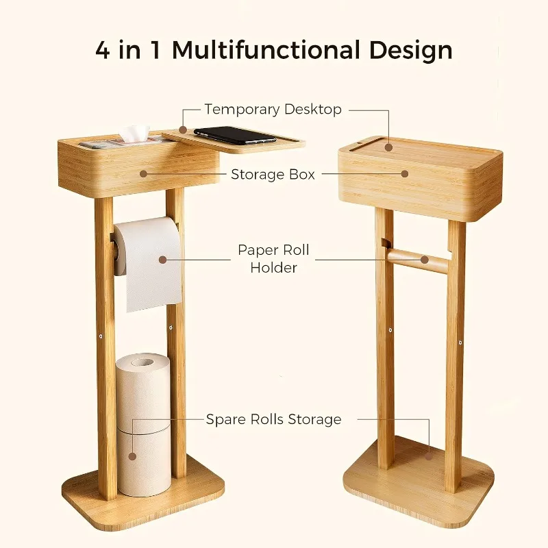 4-in-1 Toilet Paper Holder Stand with Storage Shelf Box, 360° Rotating Bamboo Free Standing Toilet Tissue Roll