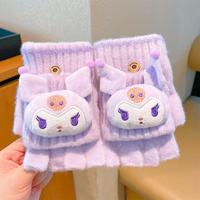 Sanrio Kuromi winter children's gloves warm cartoon cute doll flip students writing open finger padded thickened gloves