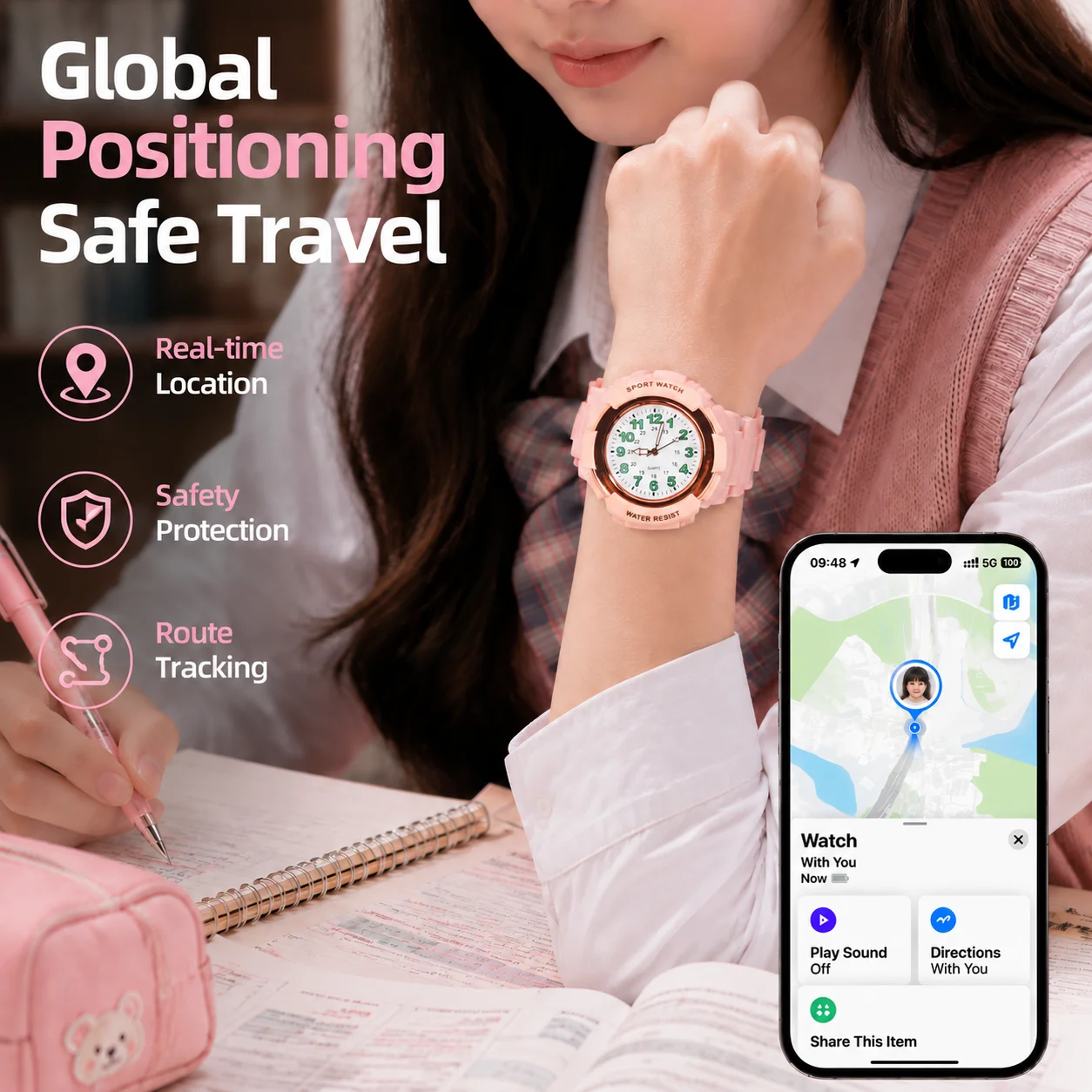 Kids Anti-Lost Watch with Apple Find My Android Find Hub Bluetooth Tracker Quartz Watch IP68 Waterproof No Subscription