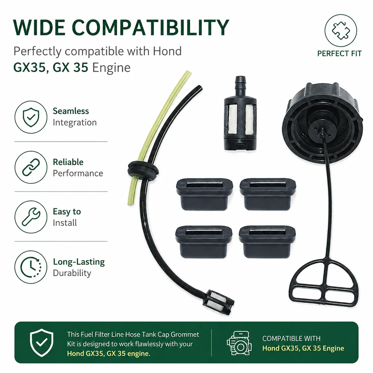 Fuel Filter Line Hose Tank Cap Grommet Kit for Honda GX35 GX 35 Engine OEM 17533-Z0H-000 with Rubber Mount Small Engine Parts
