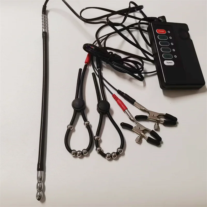 المعادن مجرى البول موسع السبر لعبة استثارة القضيب الحصان العين قضيب صدمة كهربائية سيليكون خواتم الديك الجنس لعب للرجال الحلمات كليب