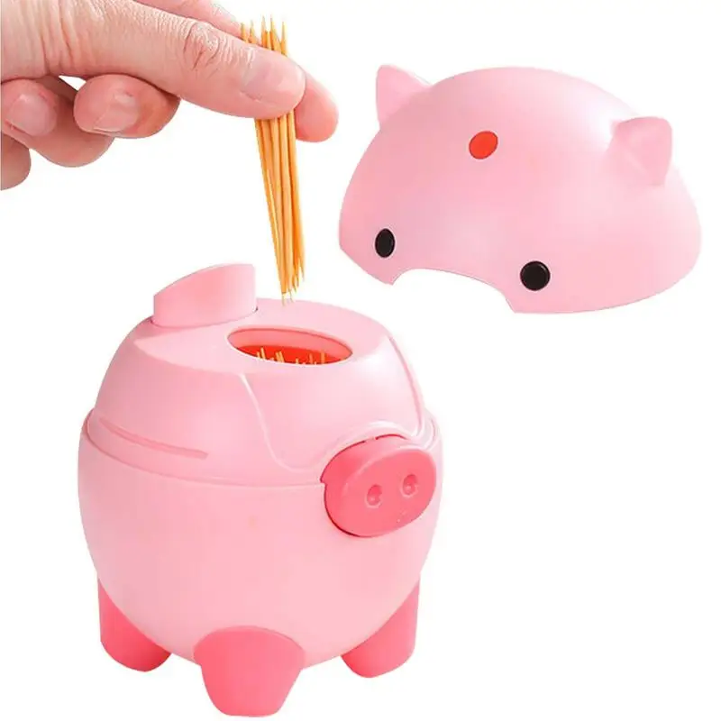 Pig Toothpick Dispenser Automatic Toothpick Dispenser Cute Pig Shape Pop-Up Toothpick Holder Fruit Pick Storage Box Container