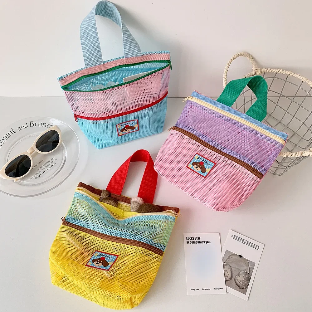Damen-Kosmetiktasche aus Mesh mit Farbblock-Design, Tragegriff und süßem Applikationsmotiv, kleine Kosmetiktasche für die Aufbewahrung von Reiseutensilien im Alltag – Detail 3