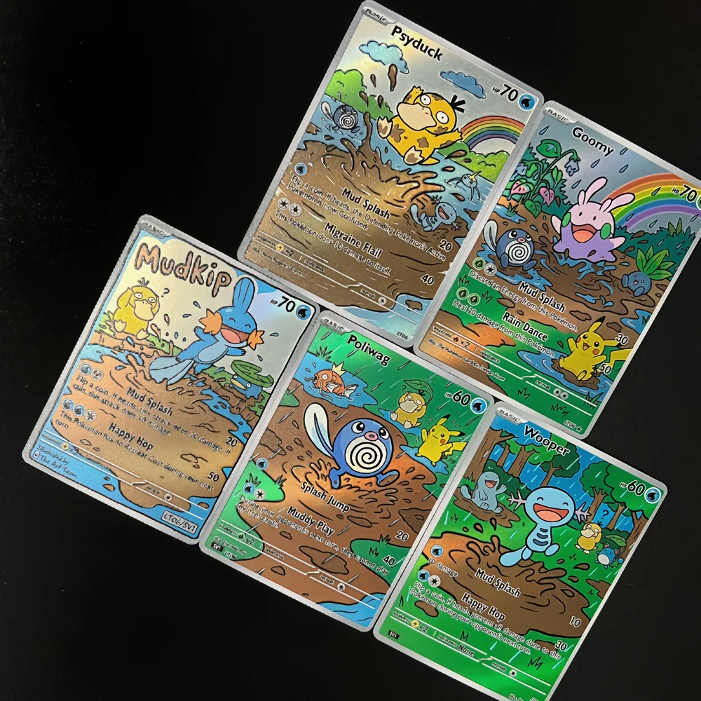 5Pcs PTCG Game Cards Oil Painting Style Psyduck Goomy Poliwag Wooper Mudkip Collection Cards Happy Hop Playtime  Gift
