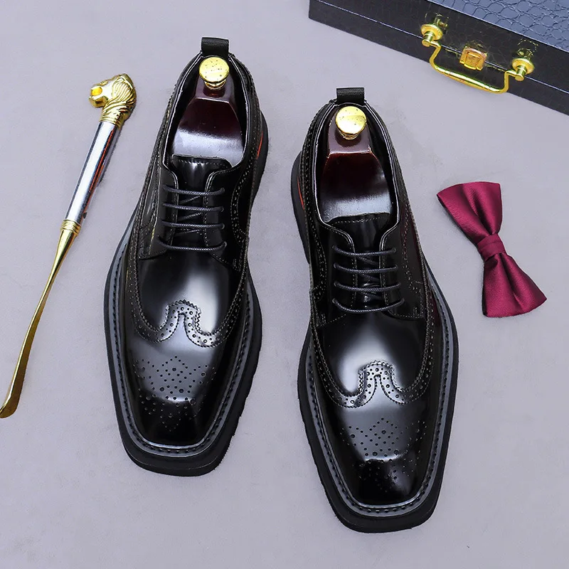 

Men's Brogue Leather Shoes Genuine Leather British Style Casual Thick-Soled Glossy Business Formal Top-Grain Cowhide Male Shoes