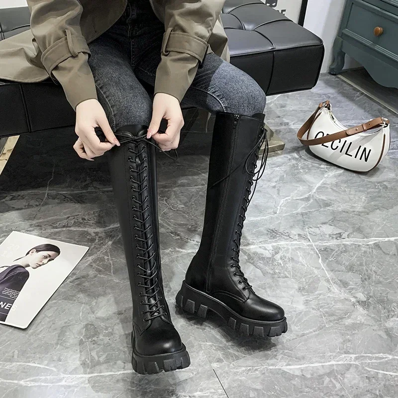 New 2024 Long Boots Women Autumn Winter Fashion Lace-up Ladies Chelsea Zipper Boots Sports Platform Heel women Shoes Botas Mujer