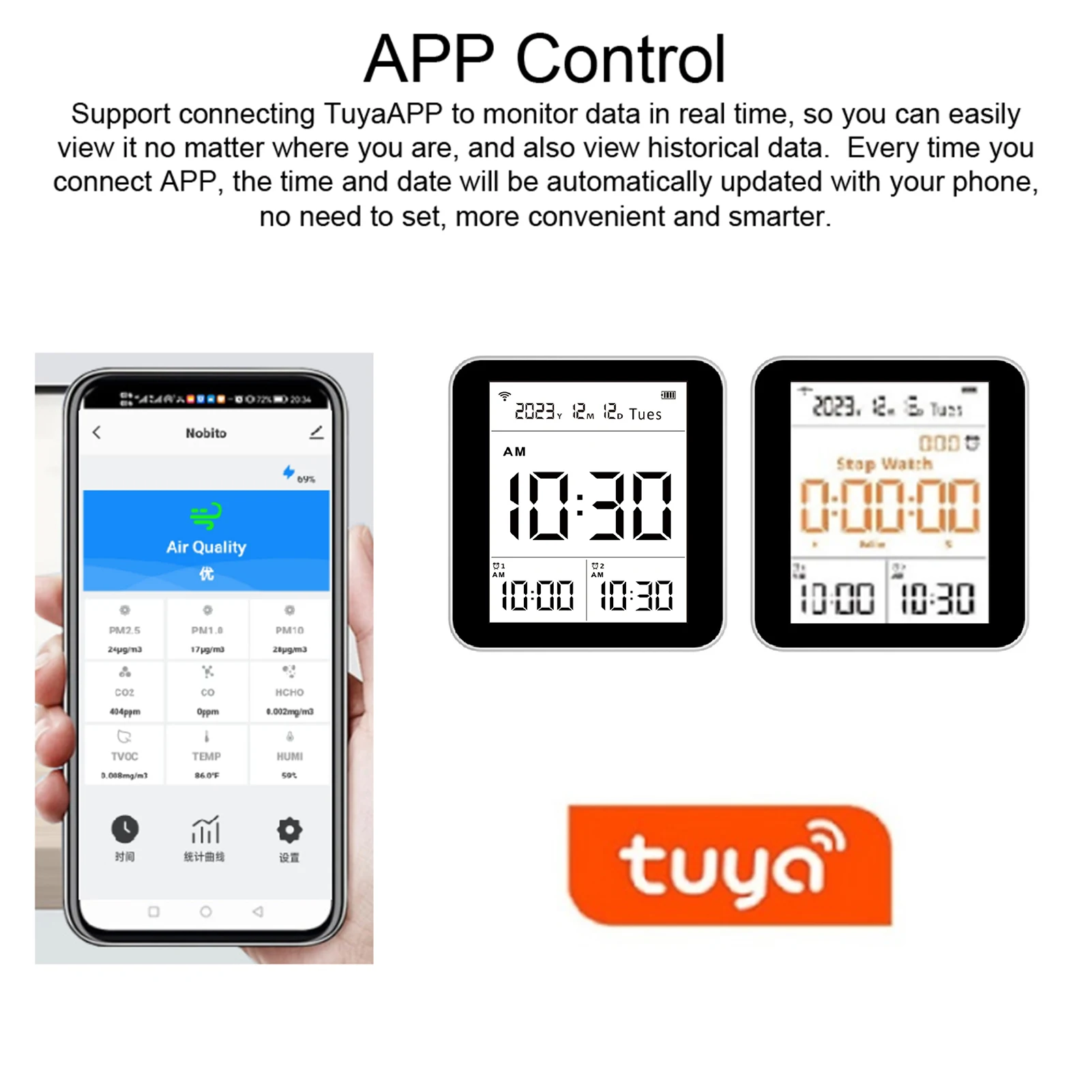 14 in 1 Intelligent Air Quality Tester CO2 CO TVOC HCHO PM2.5 PM1.0 PM10 Temperature Humidity Time Date Alarm Timer Stopwatch