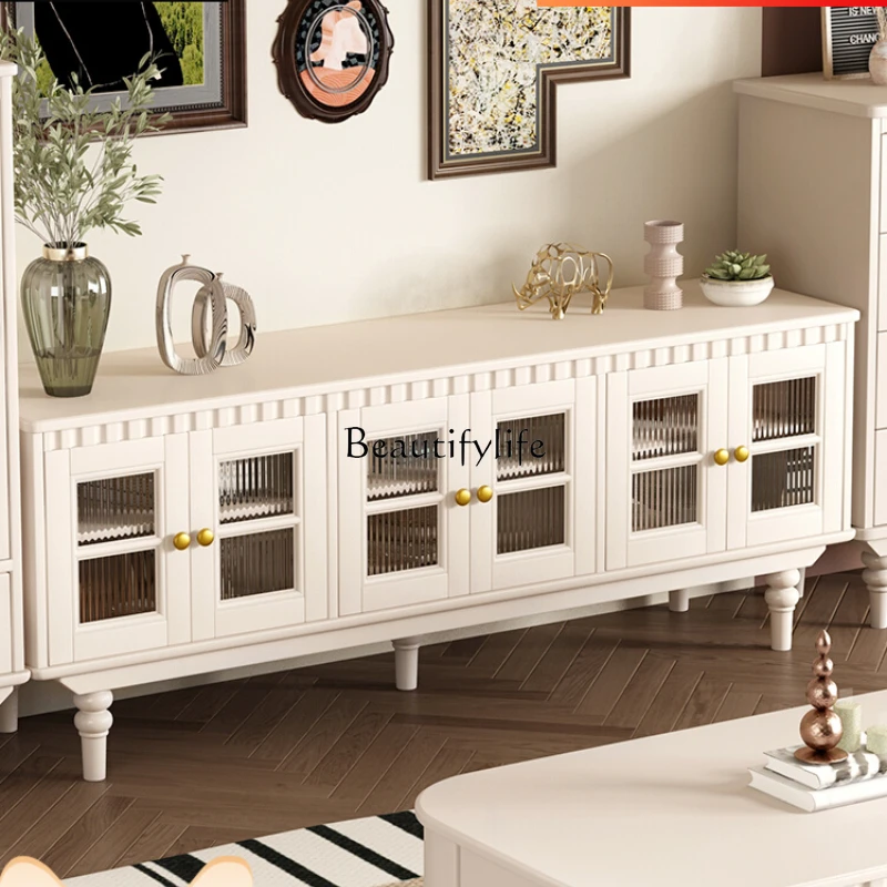 

French Cream Wind Pure Solid Wood TV Cabinet American Storage Floor Cabinet White Furniture