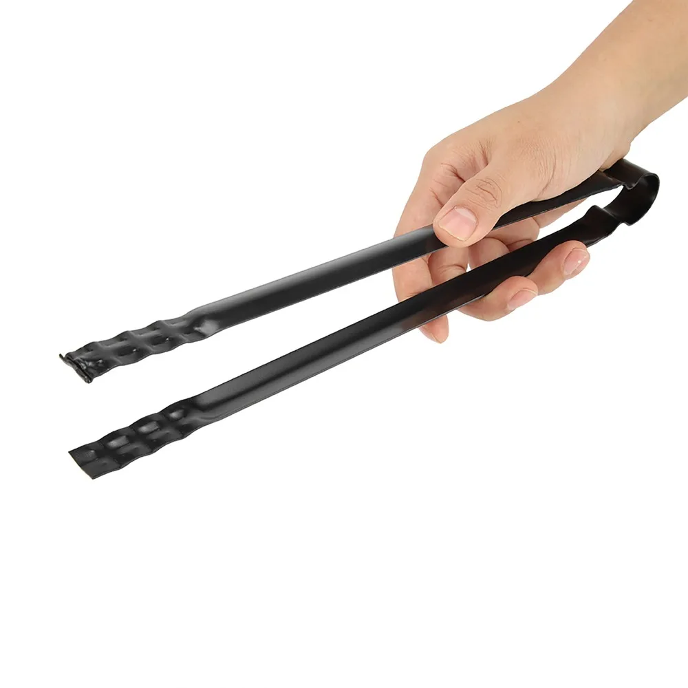 Long Two-Arm BBQ Clip Tongs Bent Loop End Flat Narrow Charcoal Serving Tongs Textured Gripping Tips Black Metal BBQ Clamp