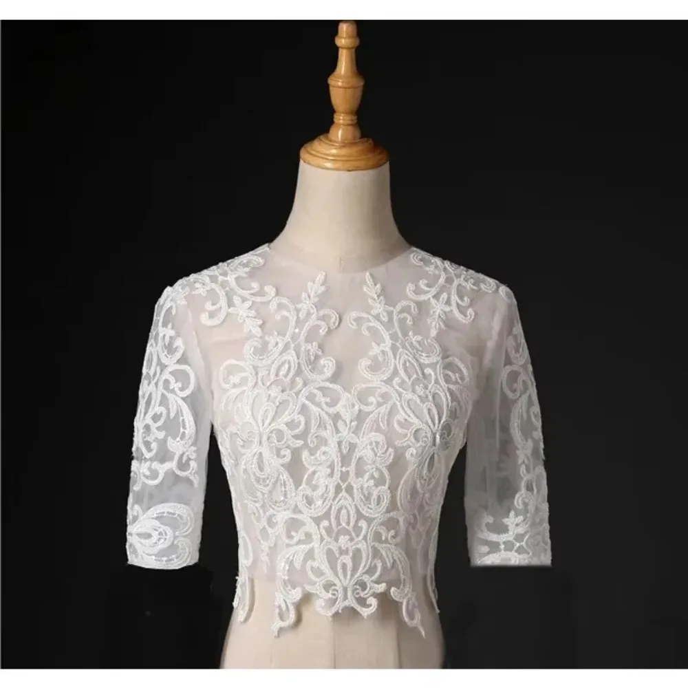 Real Photos Lace Applique Wedding Jacket Bridal Cape Button Back 3/4 Three Quarter Sleeves Transparent Bride Bolero Shrug Wrap