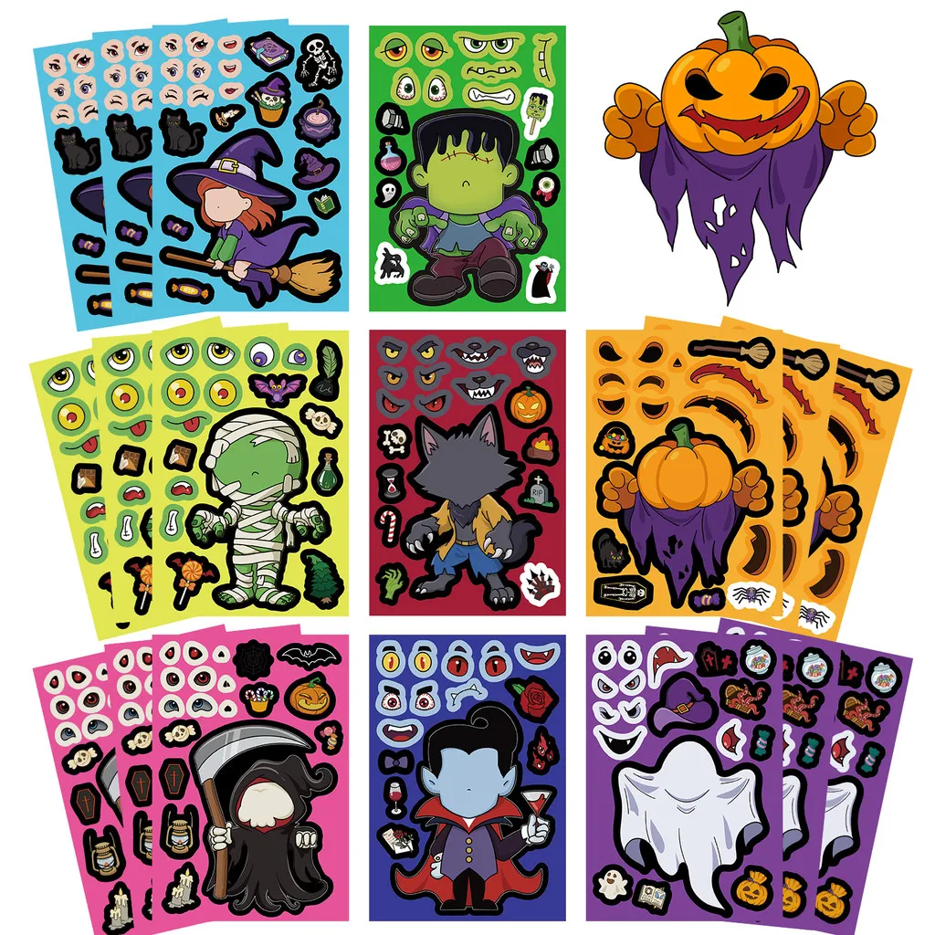 8Pcs Halloween Mix Match Face Collage Stickers, Spooky Cartoon Character Decals for Suitcase, Water Bottle & Gift Package Custom