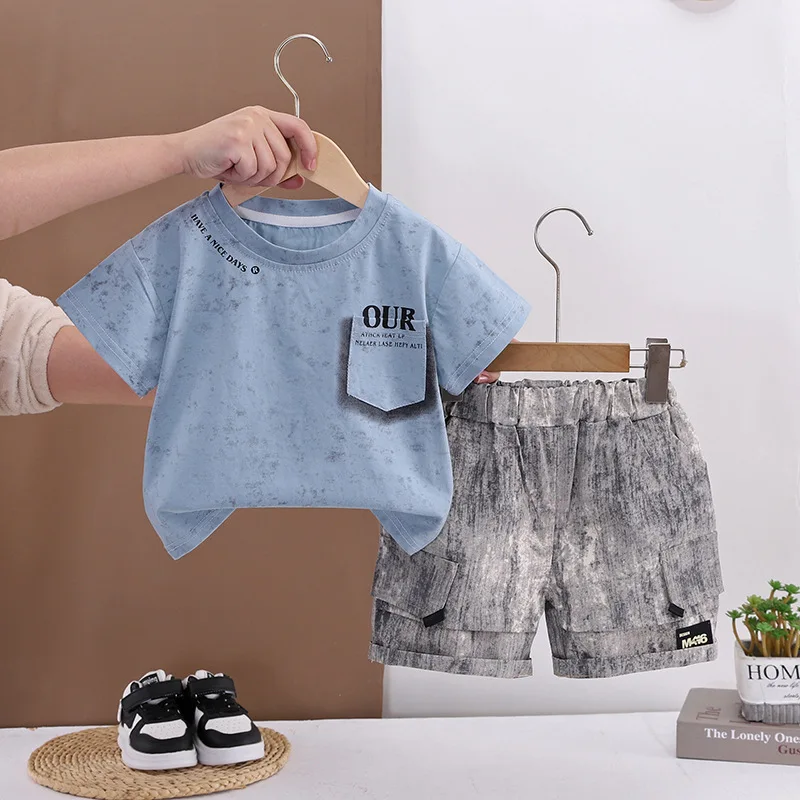 Hot Sale Toddler Boys 2pcs Set 2026 Summer Marble Dye T-shirt Cargo Shorts Kids Casual Street Style Fashion Outfits for Toddlers
