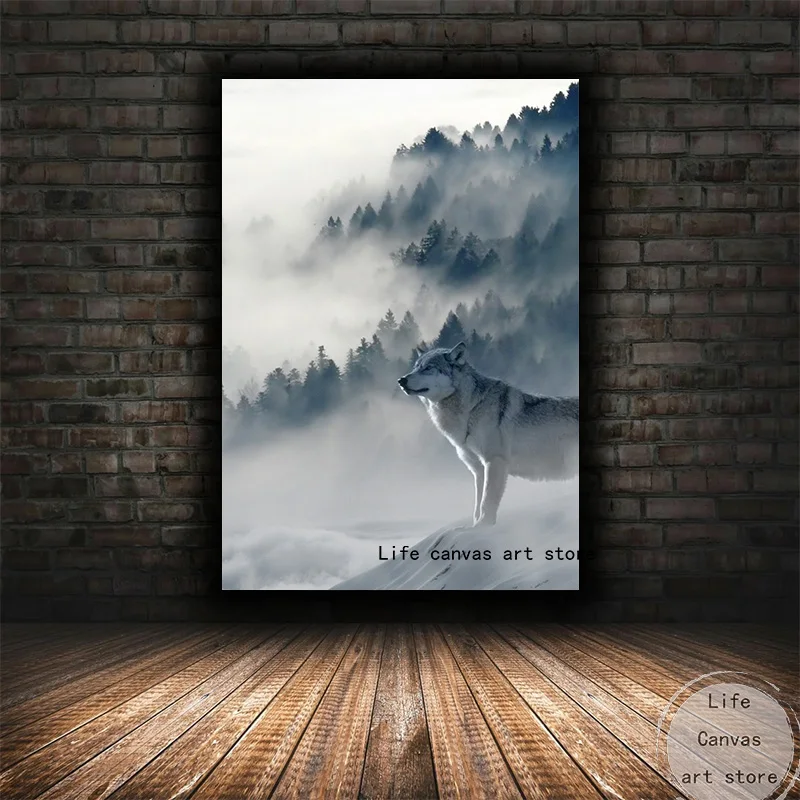 Abstract Wolf High Above The Mist of The Clouds Snow Mountain Art Poster Canvas Painting Wall Print Picture for Room Home Decor