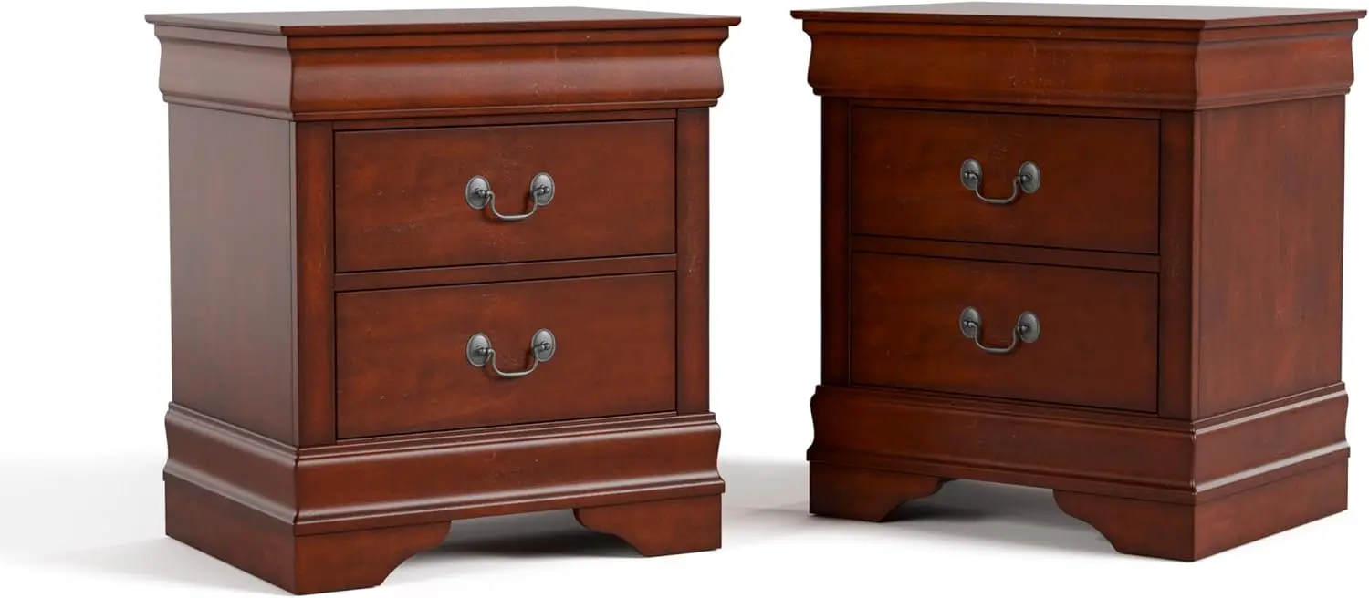 Arabella Traditional Solid Wood Nightstands Set of 2, Bedside Table with Drawers and Antique Nickle Handles, No Assembly Wooden
