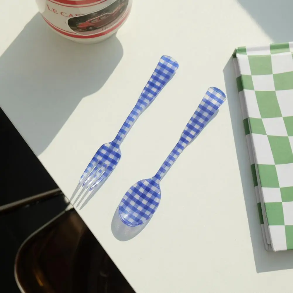 Dessert Fork Plaid Pattern High Durability Acrylic Dessert Spoon Fork Outdoor Picnic Photography Props Home Supplies Tableware