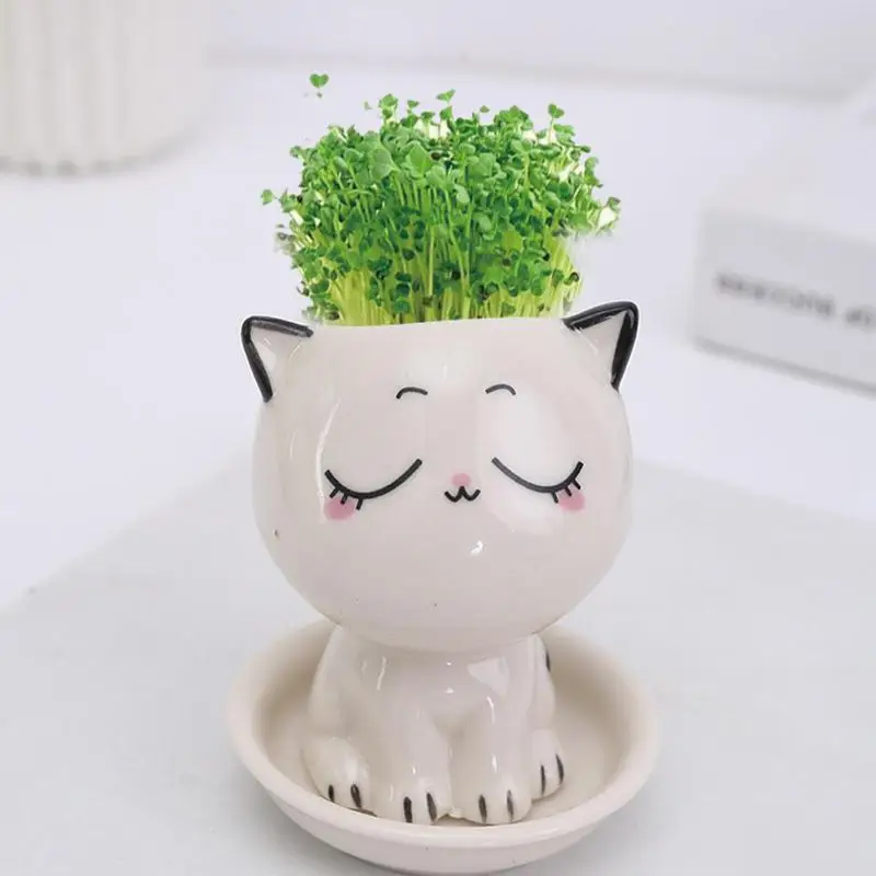 Ceramic Flower Pot Cute Cat Succulent Plant Decorative Porcelain Animal Cat Flower Pots Home Garden Decor Base Tray For Desktop