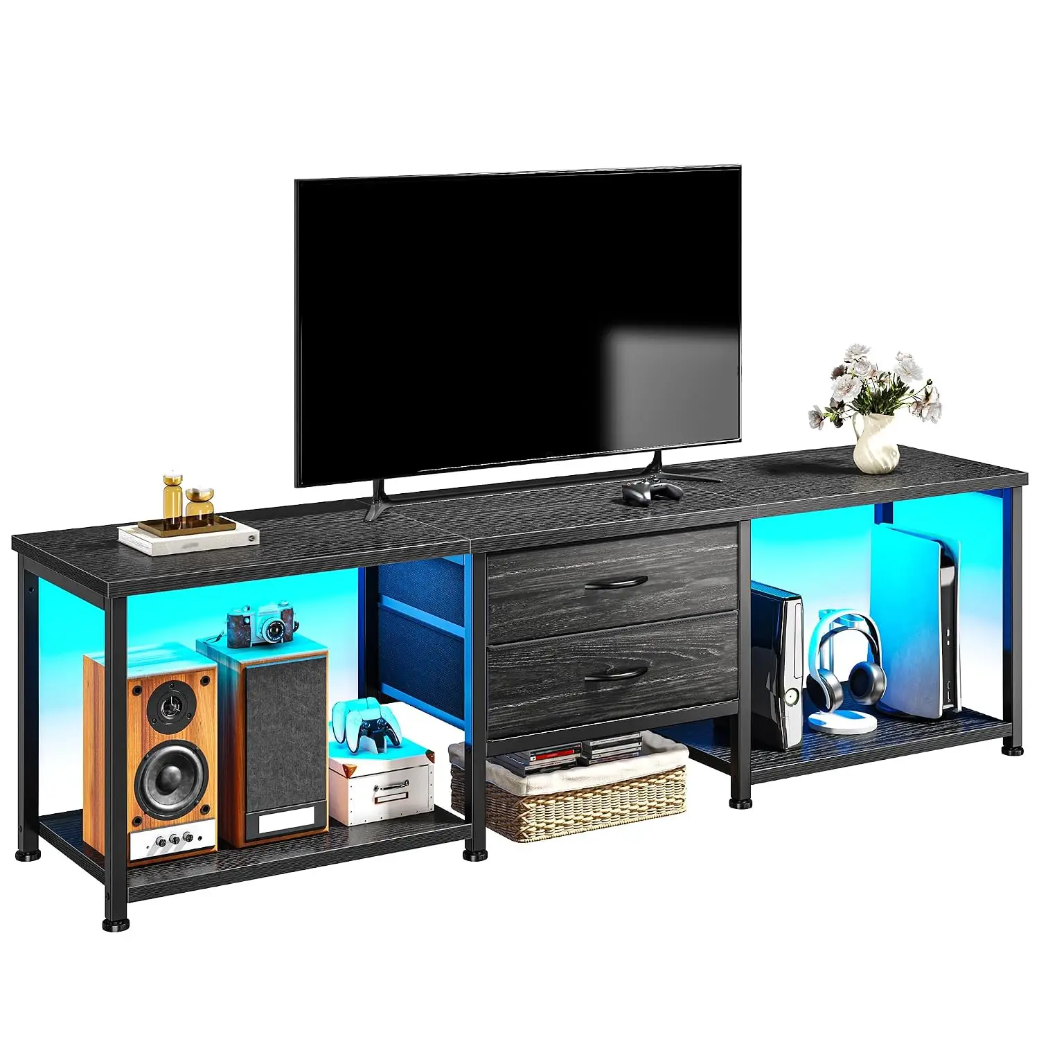 TV Stand 75 Inch LED Light Storage Shelf Living Room Black Entertainment Center 70 65 Open Wood Shelf Metal Frame Fabric Drawer,
