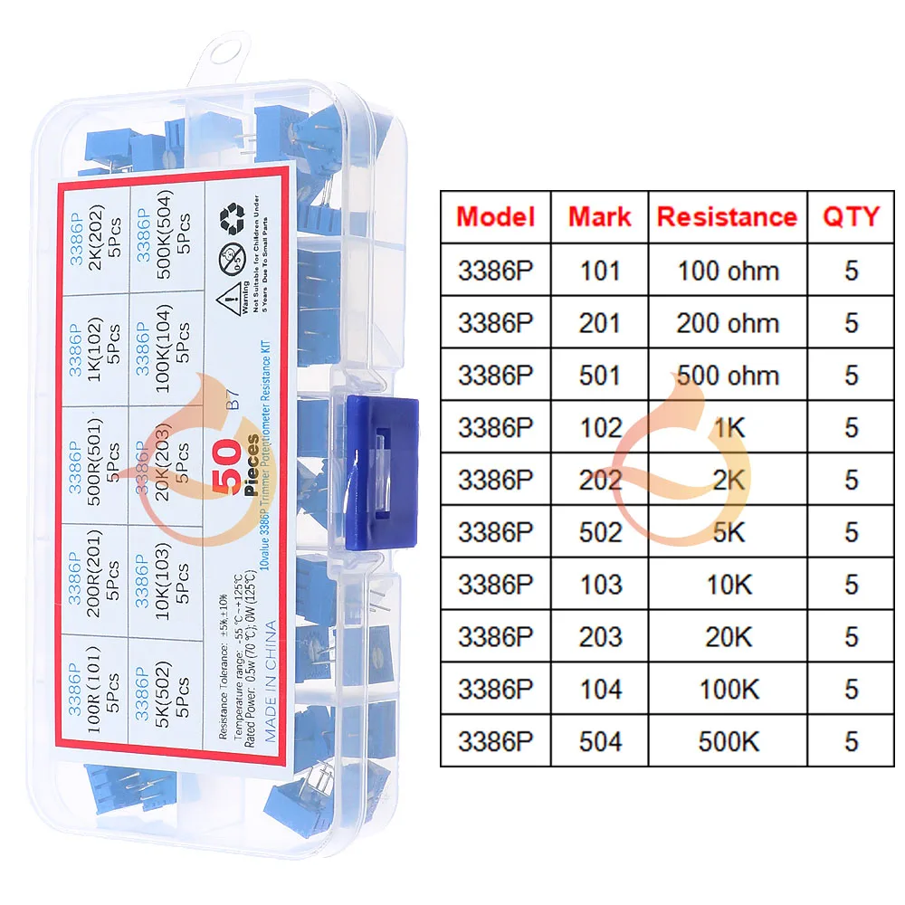 10Value 3386P 100R-500K Various Variable Resistors Assortment Kit 50Pcs Each 5pcs