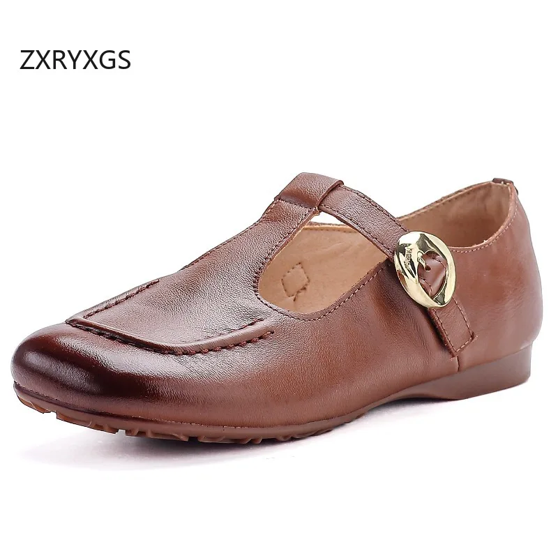 ZXRYXGS Promotion Square Toe Loose Comfortable Flats 2026 New Spring Women Genuine Leather Shoes Flat Soft Sole Trendy Shoes