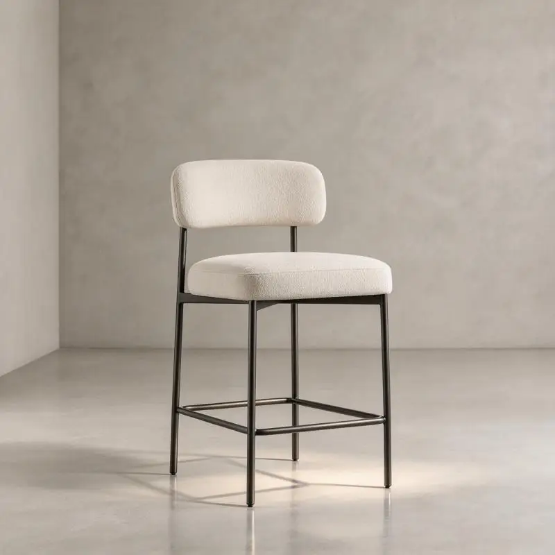 OAKEN American Style Upholstered Counter Stool Boucle Fabric Bar Stool Backrest Kitchen Island Stool Modern Home Bar Furniture