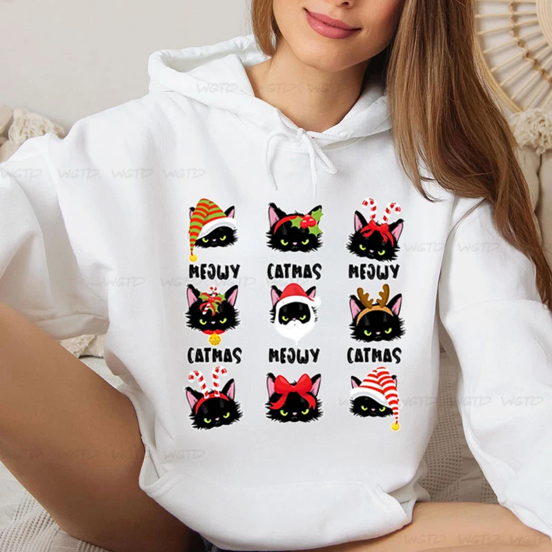 Merry Christmas Hoodie Women Casual Cartoon Meowy Catmas Cat Graphic Clothes 2025 New Year Vacation Xmas Gifts Sweatshirts Hoody