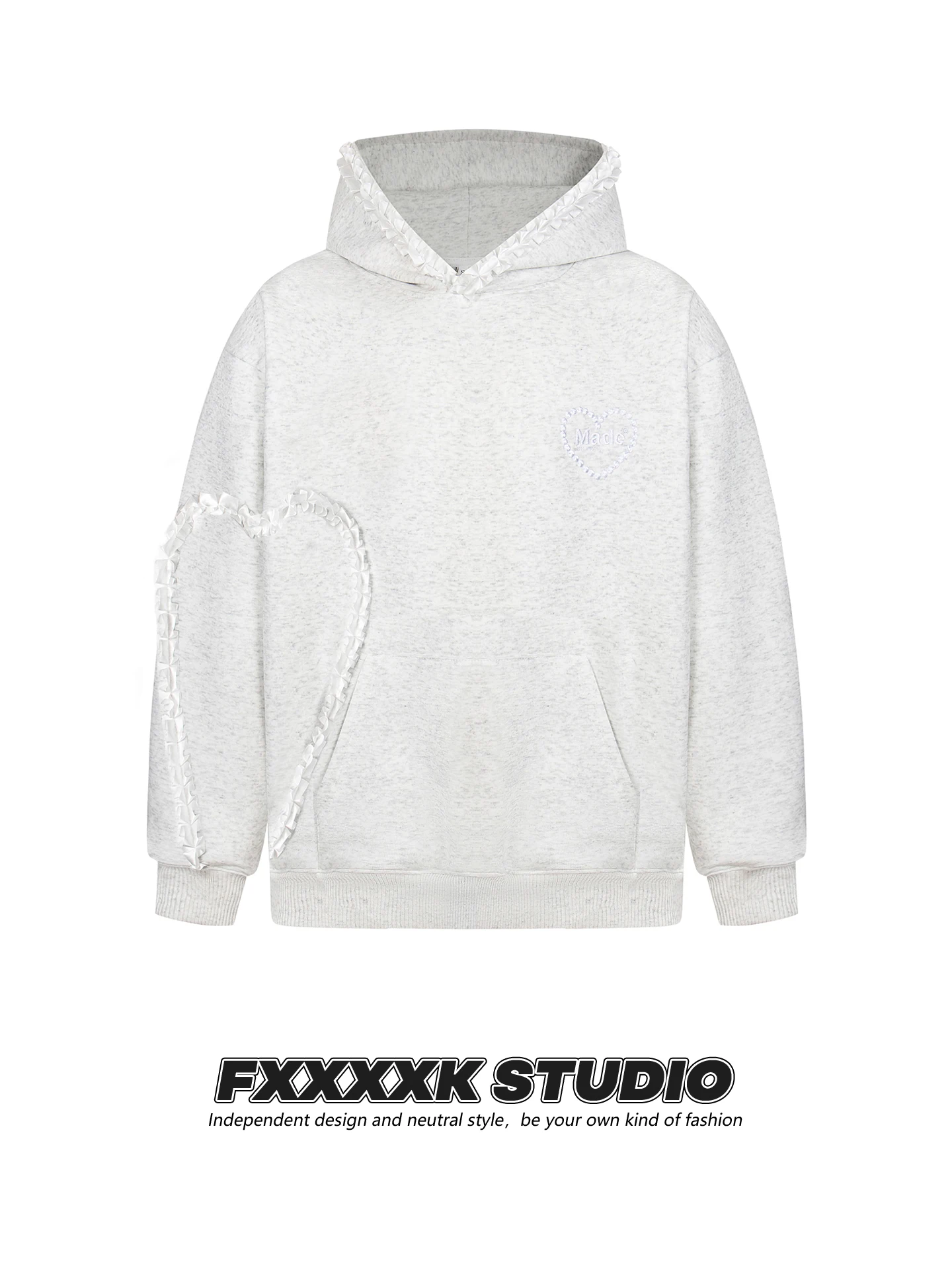 

Оригинальная толстовка FXK Trendy Brand с кружевным дизайном в виде сердечек, женская свободная толстовка в стиле BF, хлопково-полиэстеровая, с длинными рукавами и капюшоном.