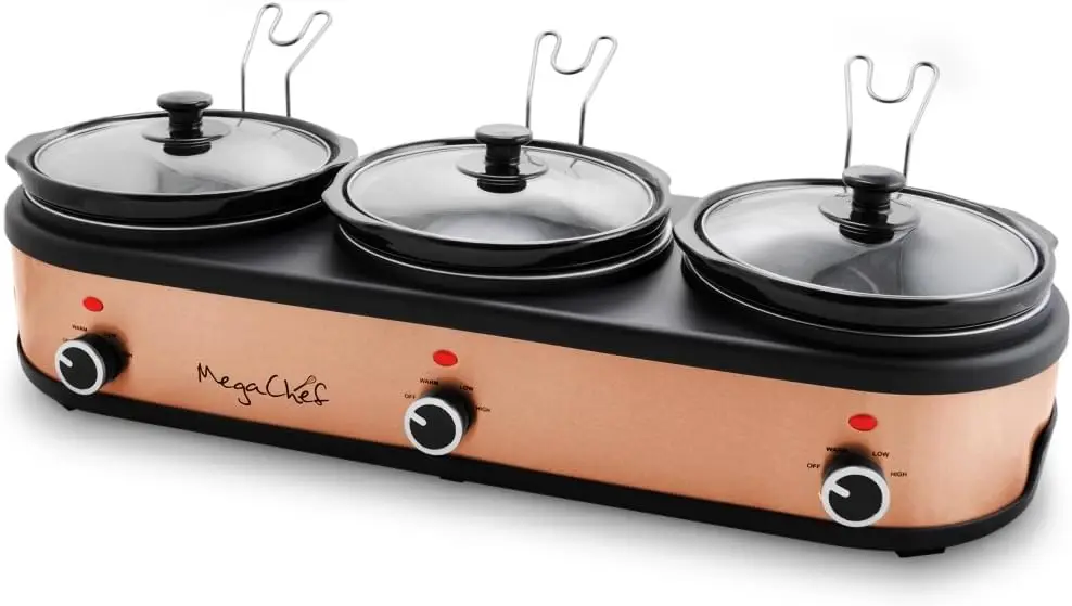 

2.5 Qt Slow Cooker Set with 3 Ceramic Pots, Brushed Copper & Black Finish, Removable Lid Rests