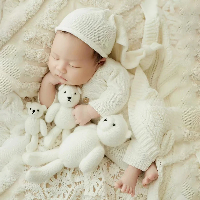 Knitted Newborn Photography Clothing Baby Boy Jumpsuit Hat Set Studio Baby Photo Shoot Outfit Infant Photography Accessories